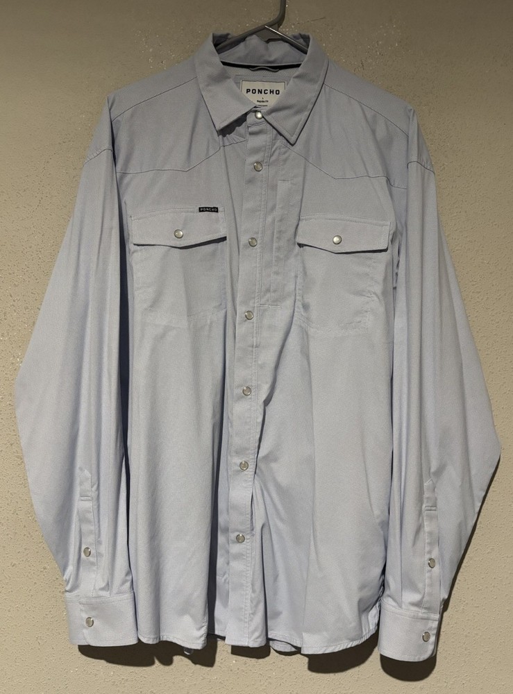 Poncho Western Shirt Mens L Light Blue Regular Fit Pearl Snap Long Sleeve E32