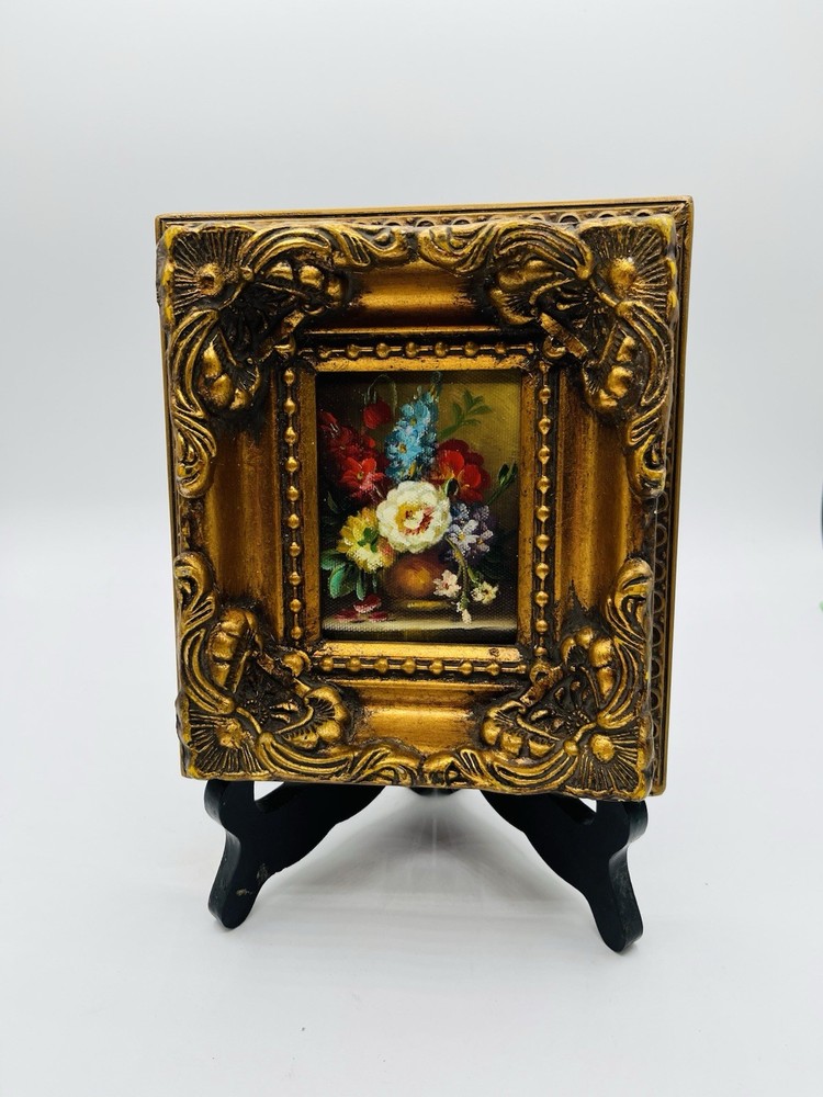 Miniature Still Life Floral Oil Painting Baroque Ornate Gold Frame