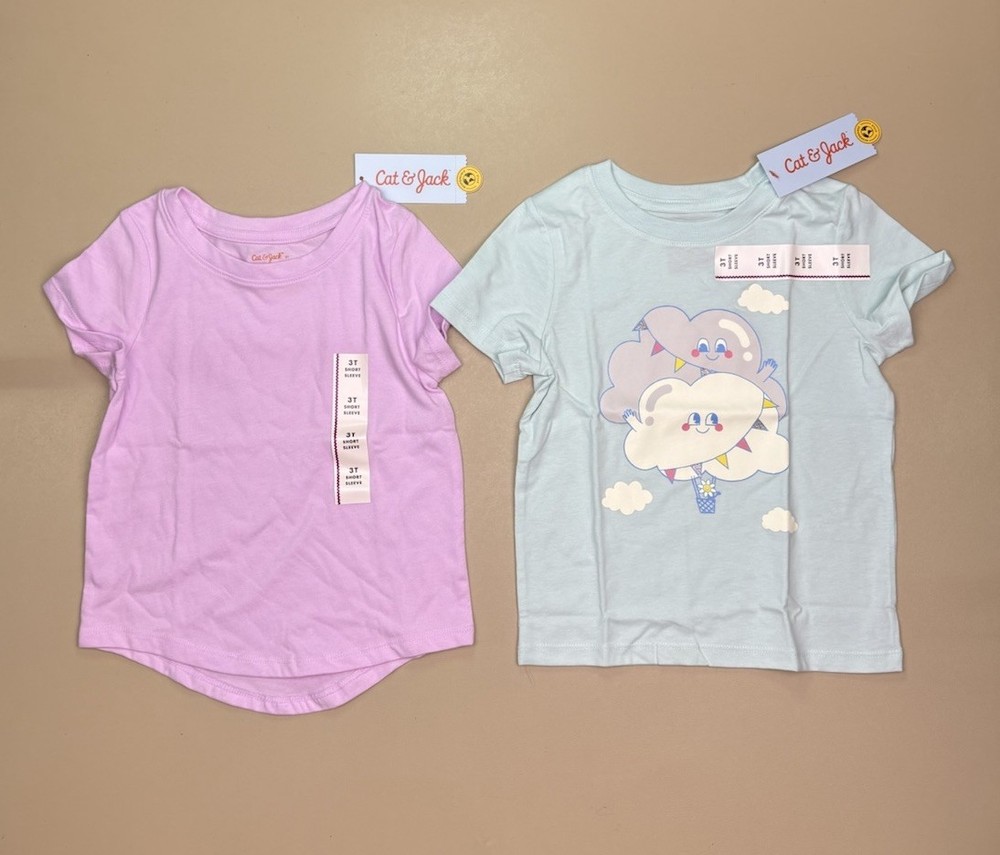 NWT Cat & Jack Girls T Shirt Lot 3T Pink Cloud Graphic Short Sleeve 2 Pack