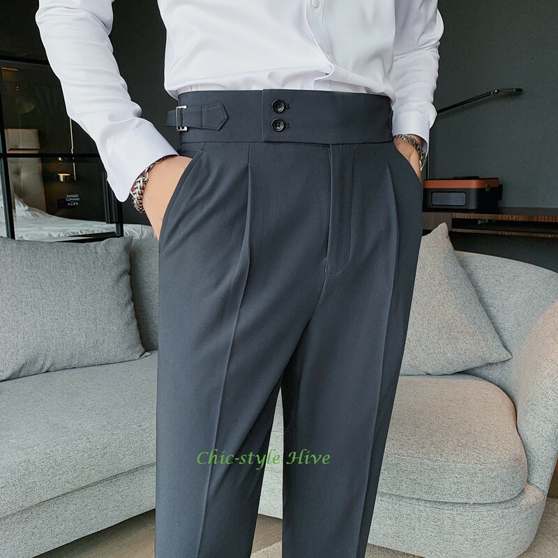 Men Retro High Waist Suit Pants Straight Trousers Buckle Pants Slim Office Pant