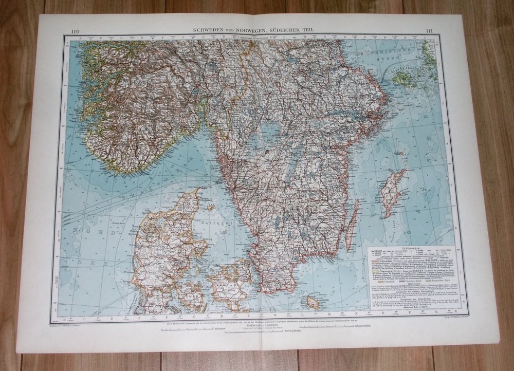 1907 Original Antique Map Of Southern Sweden Norway Denmark Scandinavia Baltic