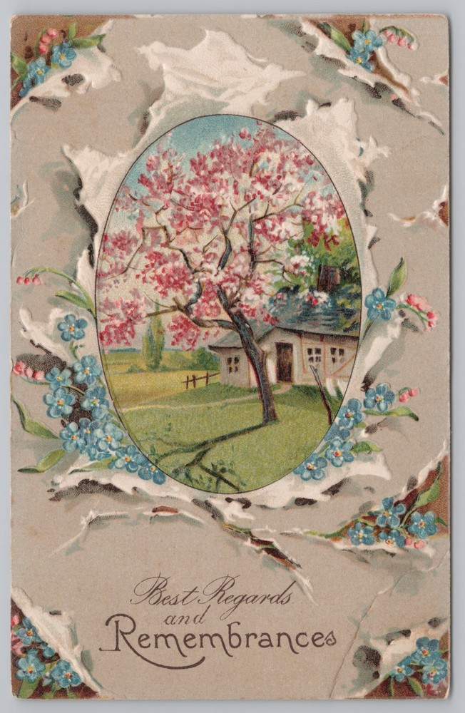 Greetings~Forget Me Nots & Blossoming Tree Remembrances~Vintage Postcard
