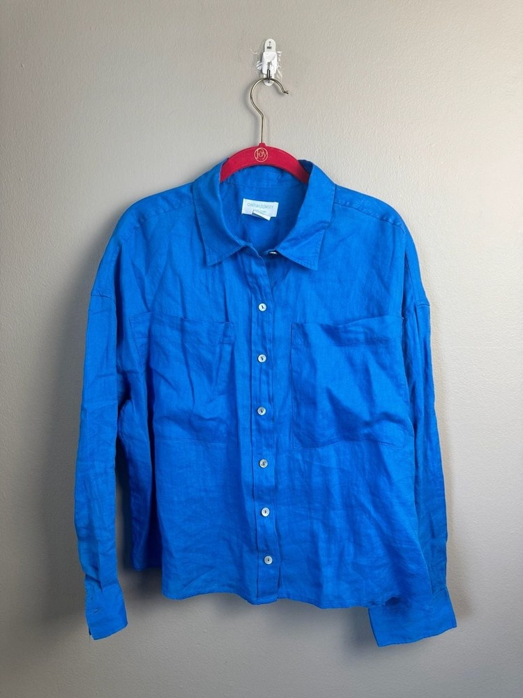 Cynthia Rowley 100% Linen Blue Button Down Shirt with Pockets Size L