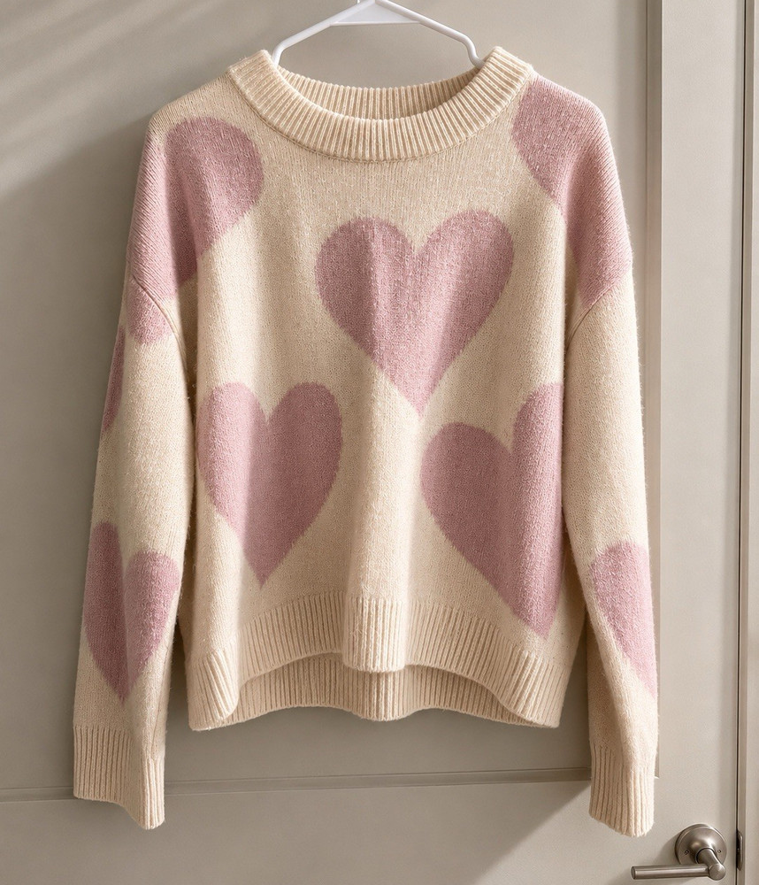 H&M Women’s Cream Pink Heart Knit Crew Neck Long Sleeve Pullover Sweater M