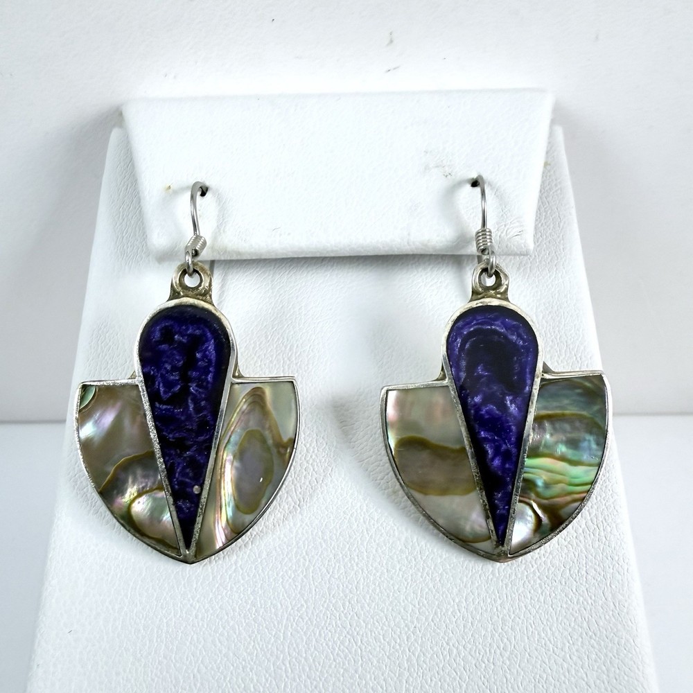 Vintage Abalone Shell Alpaca Silver Mexico Dangle French Wire Pierced Earrings