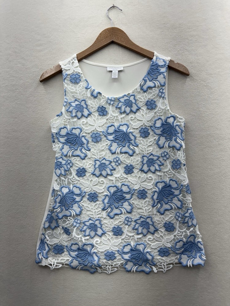 Charter Club Women’s Petite Medium Sleeveless Blue & White Floral Lace Tank Top