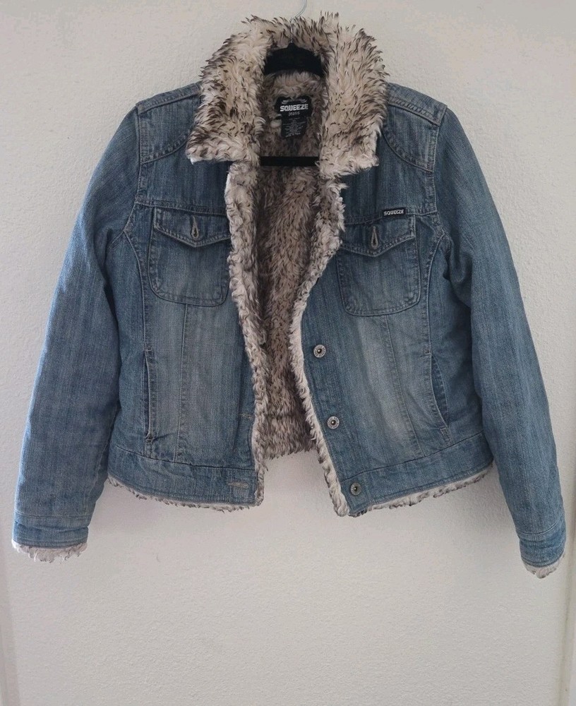 Womens Vtg Y2k Squeeze Jeans Faux Fur Lined Jean Denim Jacket Sz Xl