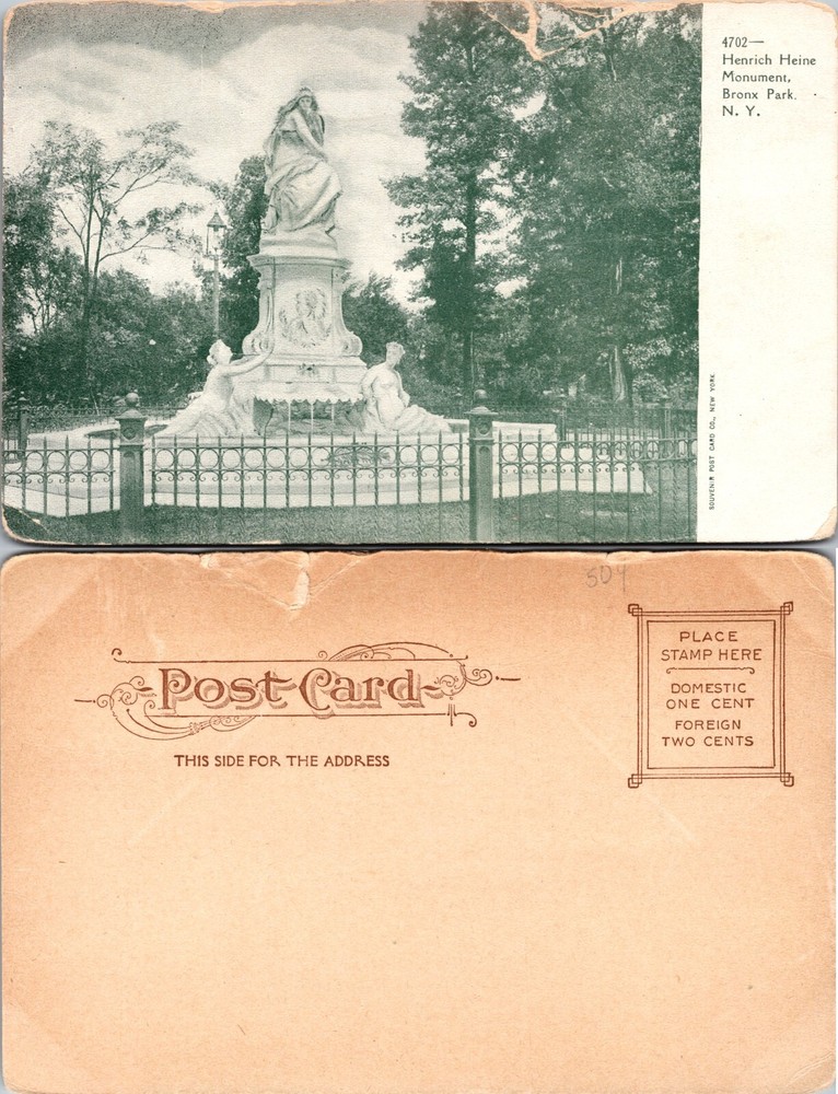 Heinrich Heine Monument Bronx Park NY Postcard