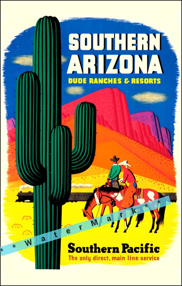 Southern Pacific Arizona 1950 Saguaro Cactus Vintage Poster Print Train Travel