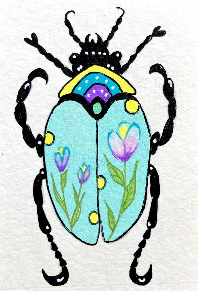 ACEO Original Decorative Flower Beetle Painting Signed Tita Renae