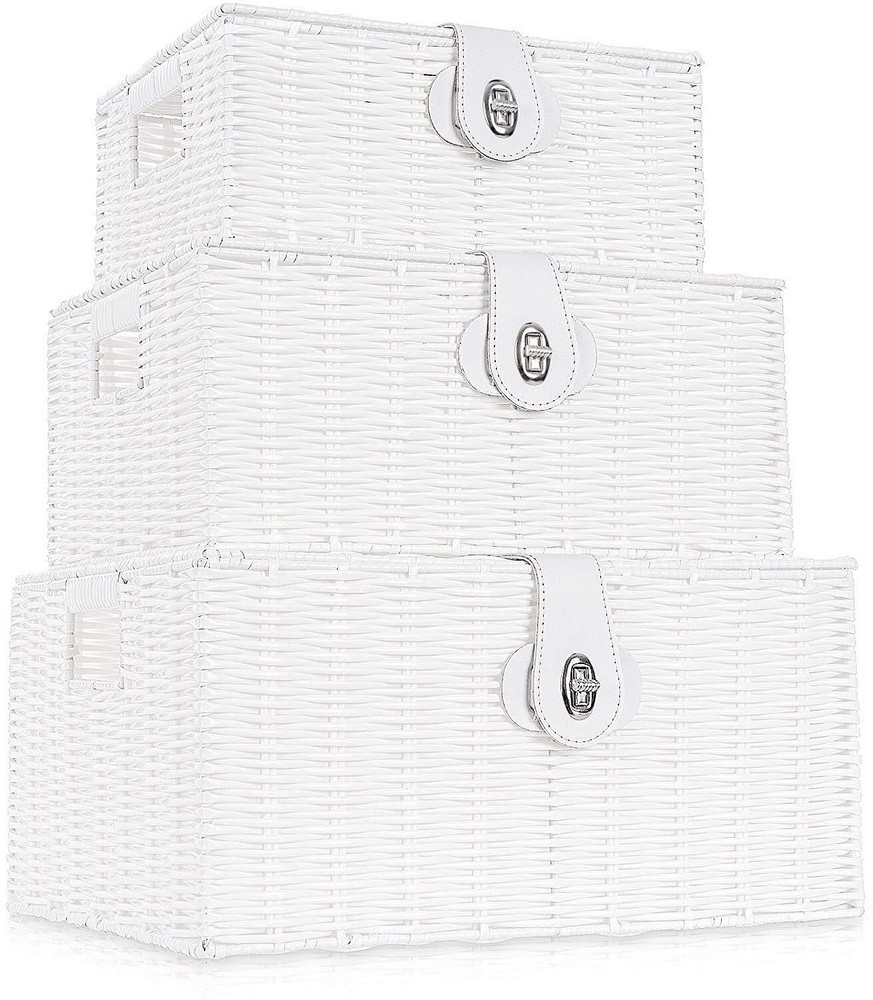 Homepeaz Set of 3 Woven Wicker Storage Basket Box with Lid & Lock Built-in Ca...