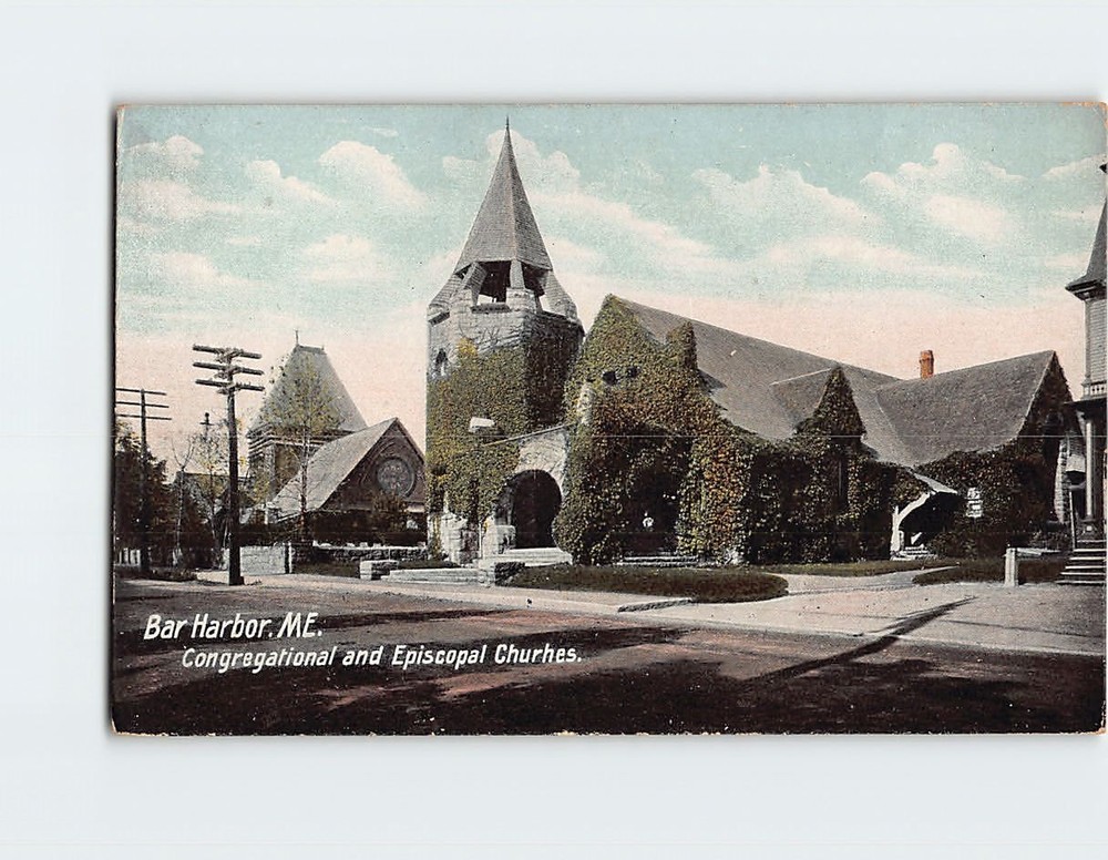 Postcard Congregational and Episcopal Churches Bar Harbor Maine USA