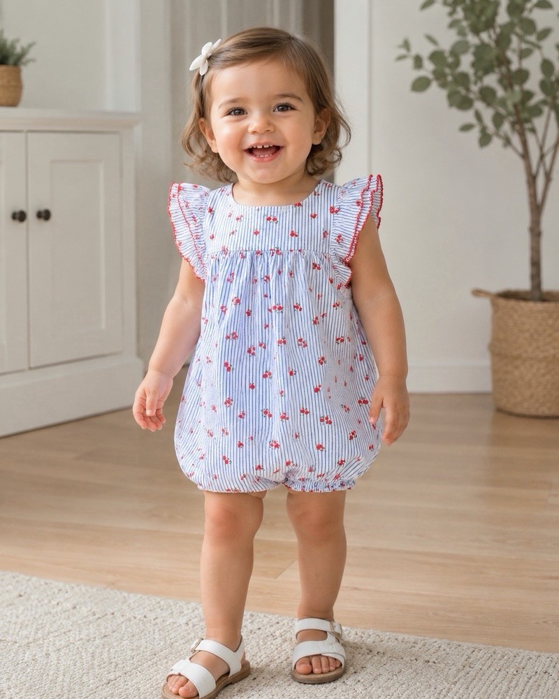 Carter's Girls Romper Size 24 Months Blue/White Stripe Red Floral Ruffle