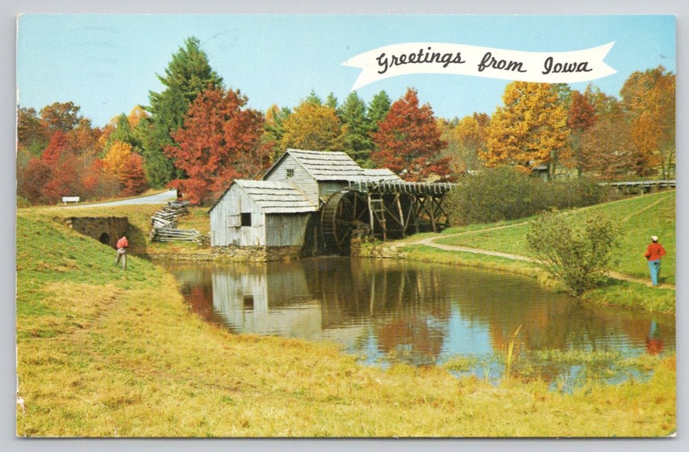 Vintage GREETINGS from IOWA Water Mill Autumn Foliage Postcard 1991