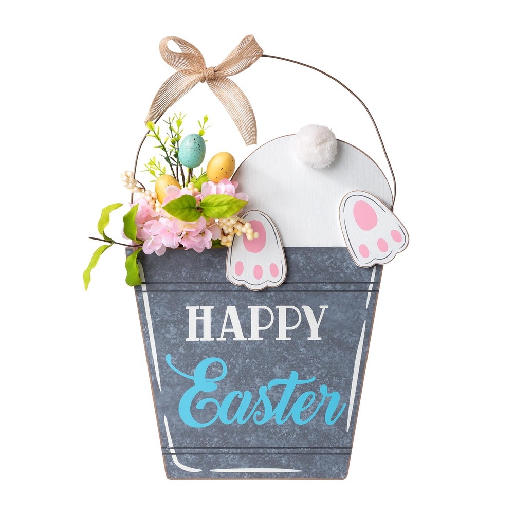 Easter Wooden Bucket Shaped Bunny Wall Hanging Art Sign Decor, 18