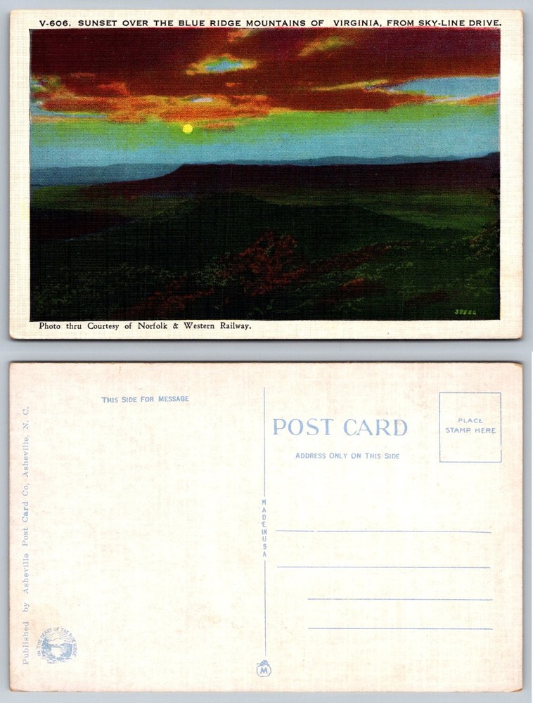 Vintage Linen Postcard Sunset Blue Ridge Mountains Virginia Skyline Drive