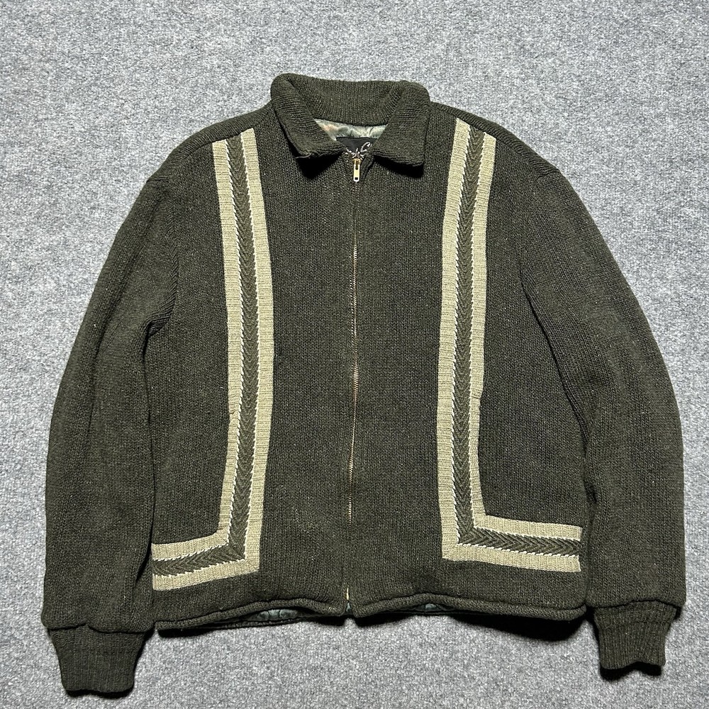 Rich Sher 70s Wool Zip Up Green Size 42 25x24 True Vtg Sweater Flaw 60s