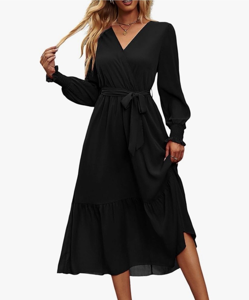Women's Boho Dress Fall Long Sleeve Wrap V Neck Ruffle Flowy Maxi,Wedding Guest