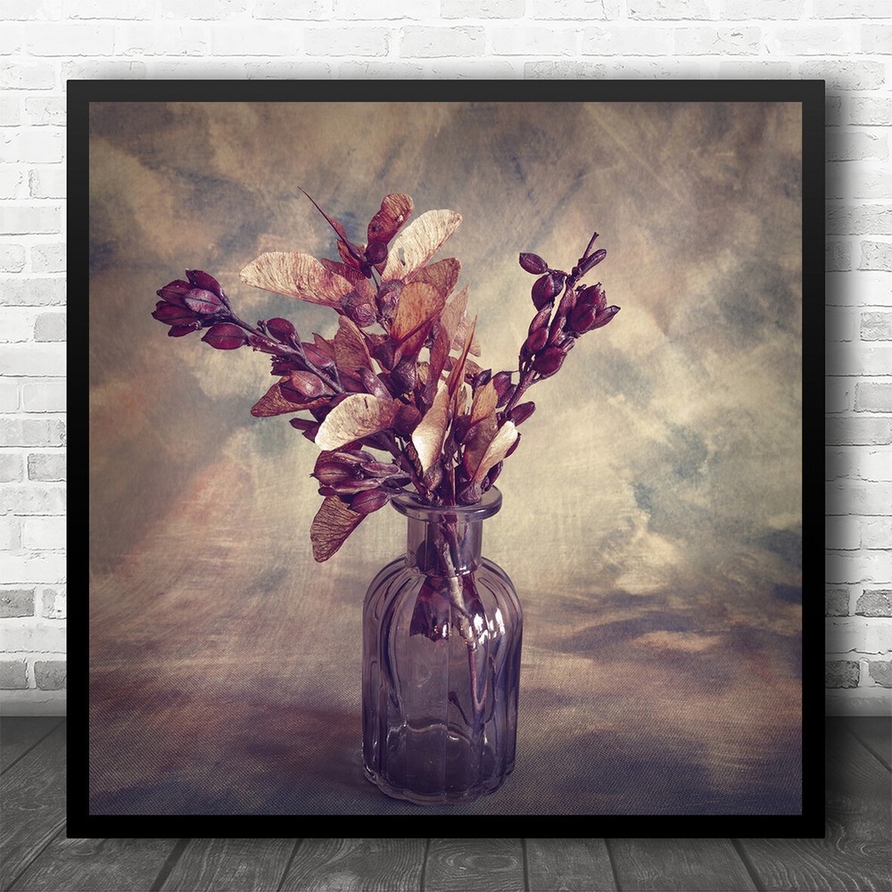 Still Life Brushwork Autumnal Flowers In Vase Square Wall Art Print