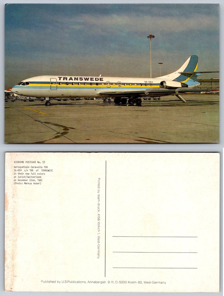 TRANSWEDE Aerospatiale Caravelle 10B SE-DEH Zurich 1985 Aviation Postcard