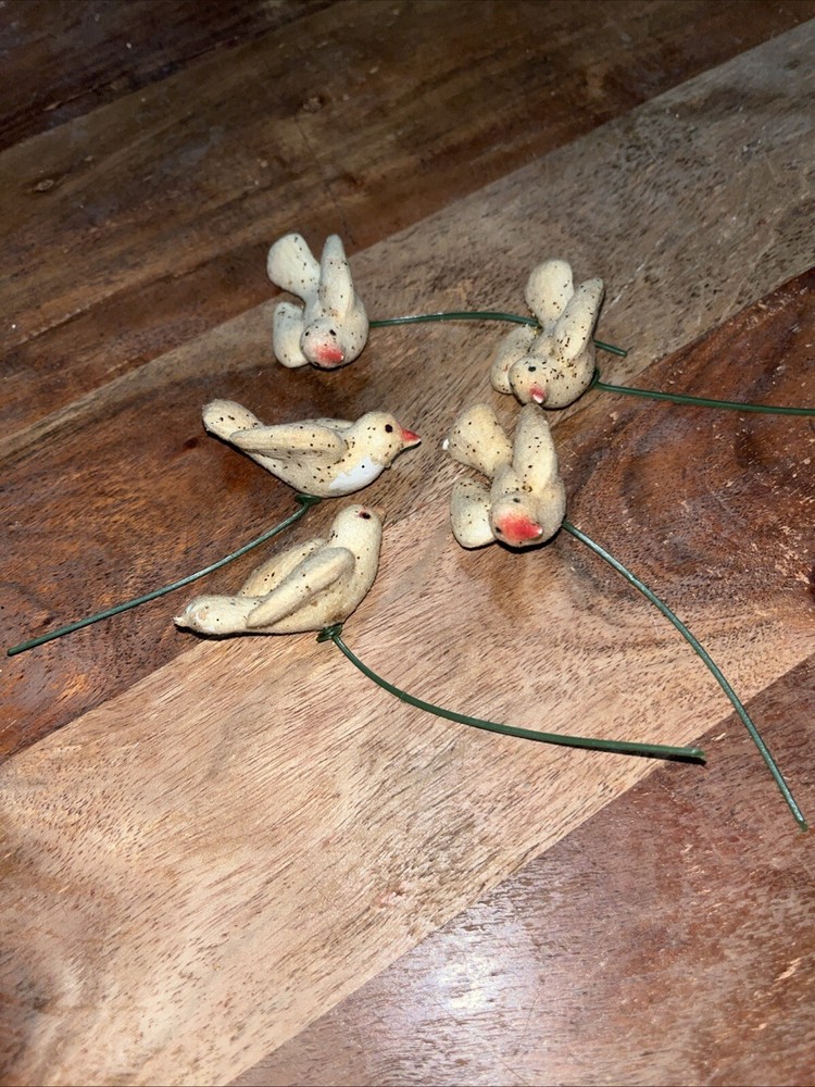 5 Vintage White Birds/Doves Flocked With Gold Glitter Ornaments