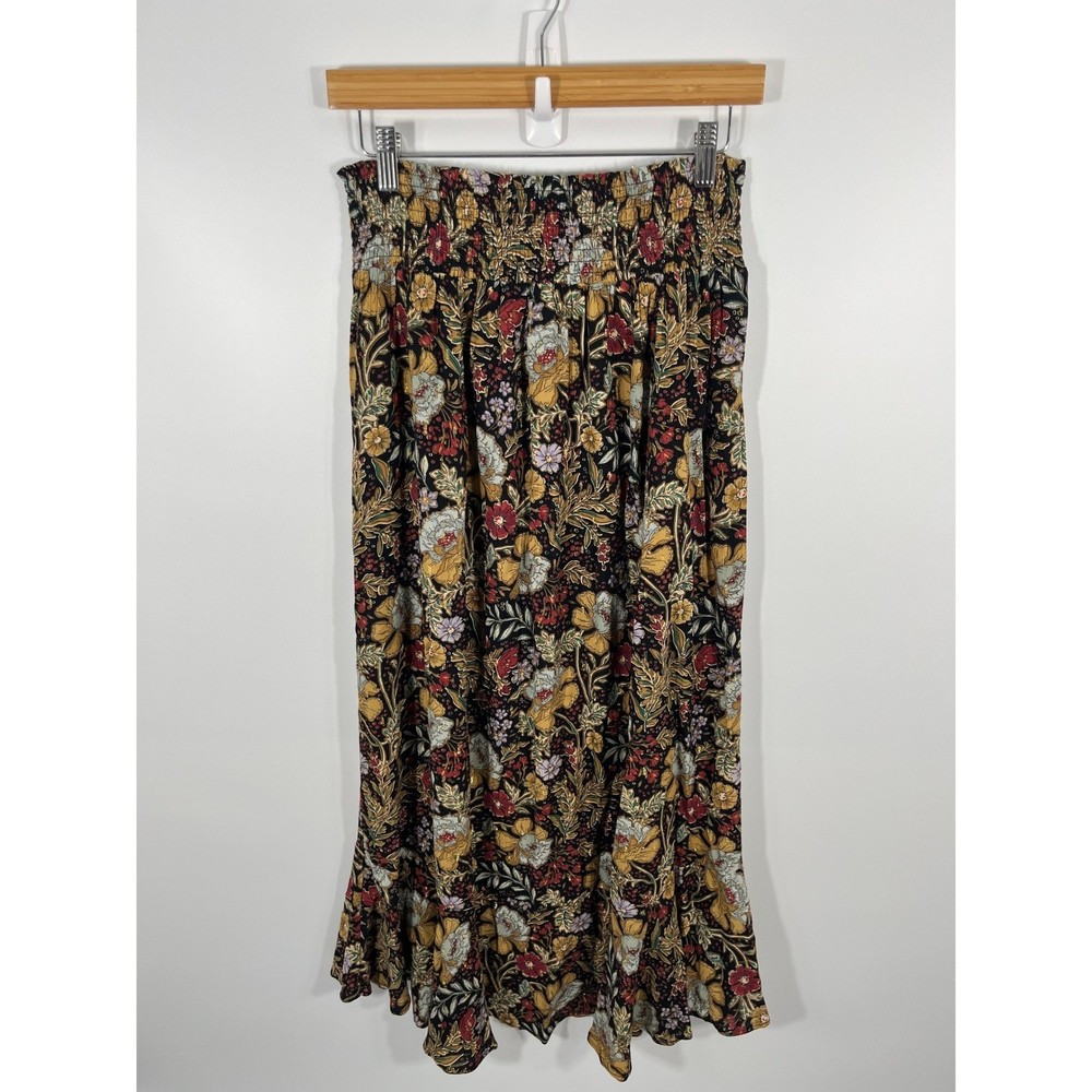 Forest Fairy Boho Chic Womens Maxi Skirt M Multicolor Floral Tiered Ruffle
