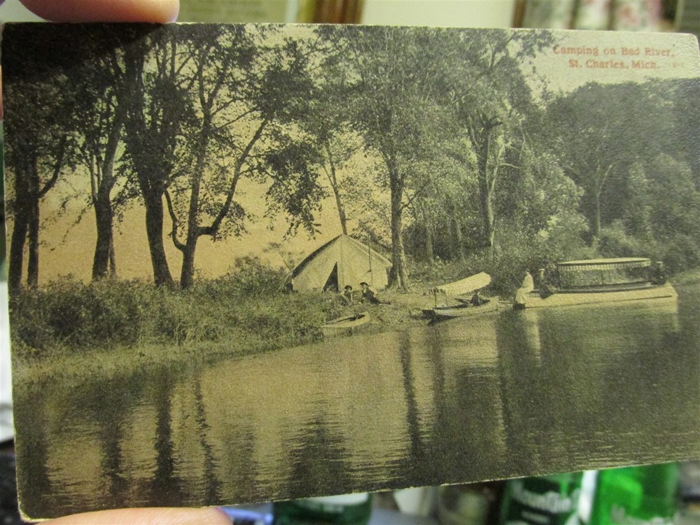 St. Charles, Mich. Camping on Bad River Post Card 1910 MICHIGAN MI