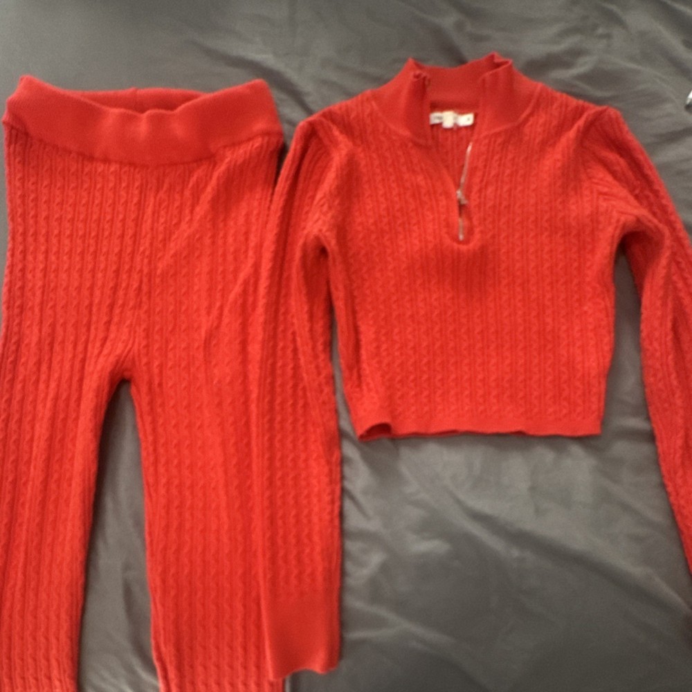 Immodel Women’s Red Ribbed Knit 2pc Set Quarter-Zip Top & Pants Size S