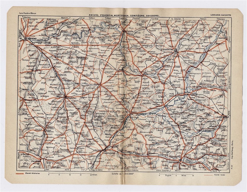1930 Original Vintage Map Of Picardie Compiegne Amiens Laon Soissons France