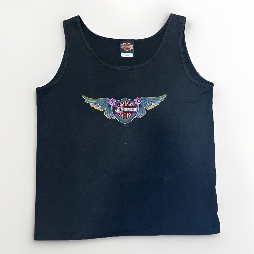 Vtg Harley Davidson Motorcycle Chicago Womens Black Tank Size Large Biker Grunge