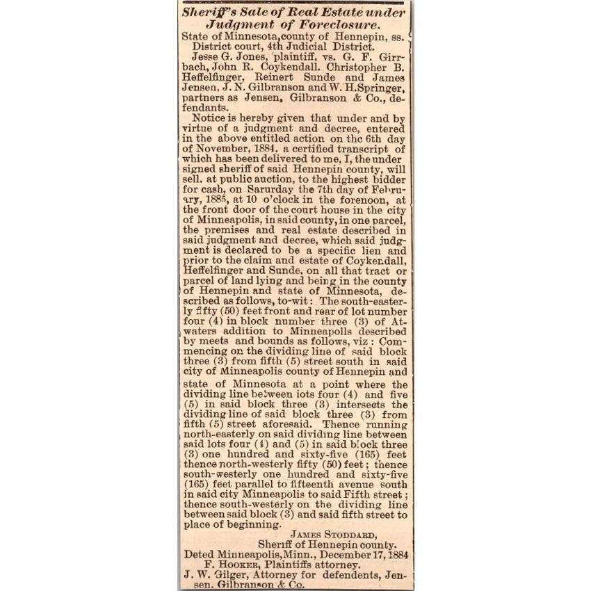 Sheriff's Sale of Real Estate James Stoddard Minneapolis MN 1885 MN Ad SAJ2-4