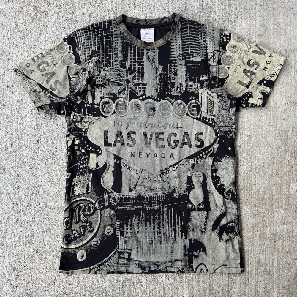 Vintage Y2K Las Vegas Nevada AOP T Shirt Black Casino Strip Tourist Size Medium