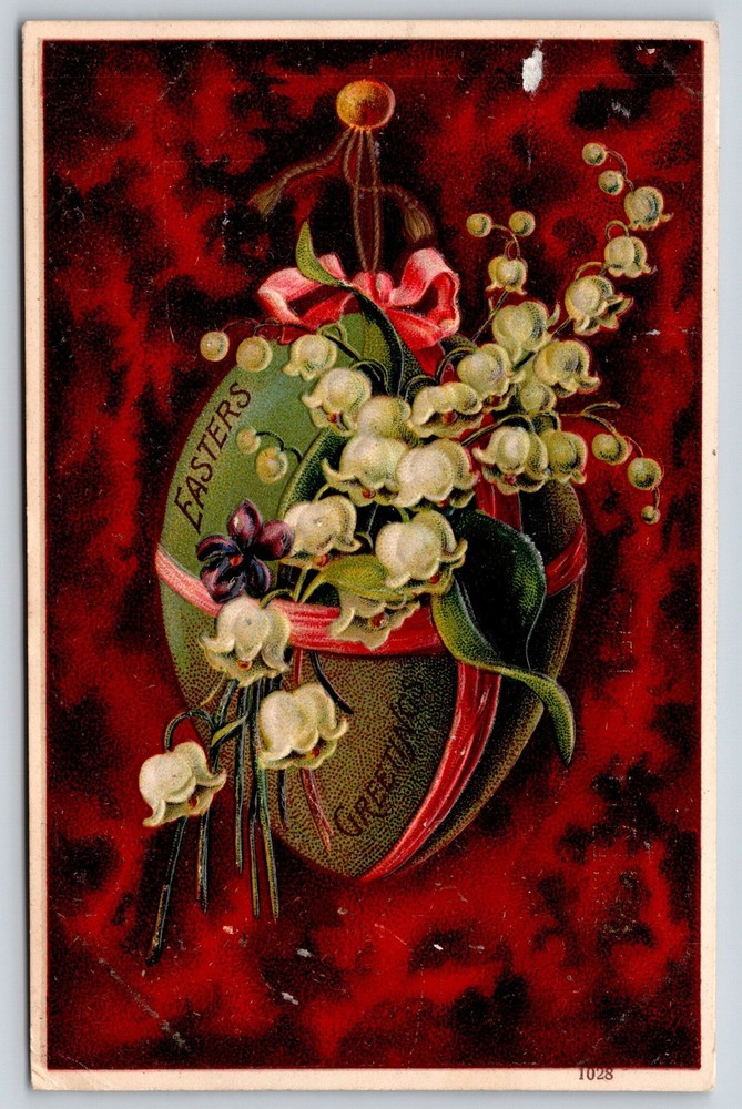Holiday~Easter Greetings~Lily Of The Valley~Egg~Ribbon~Red~Emb~c1910 Postcard
