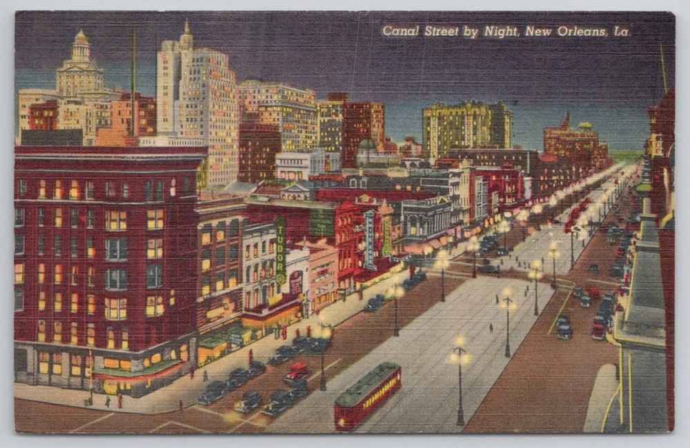Vintage Canal Street New Orleans LA Night View Linen Postcard 1948 Curteich