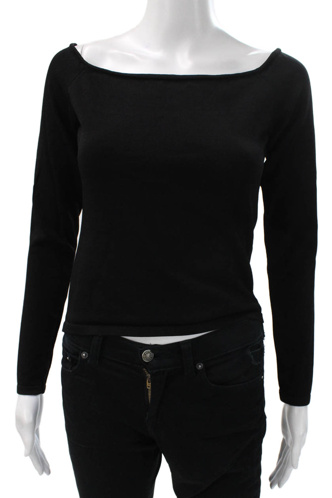 Meshki Women Black Boat Neck Viscose Long Sleeve Basic T-Shirt Pullover Size LFree Shipping in US $100+ Orders | $6.95 Orders Below