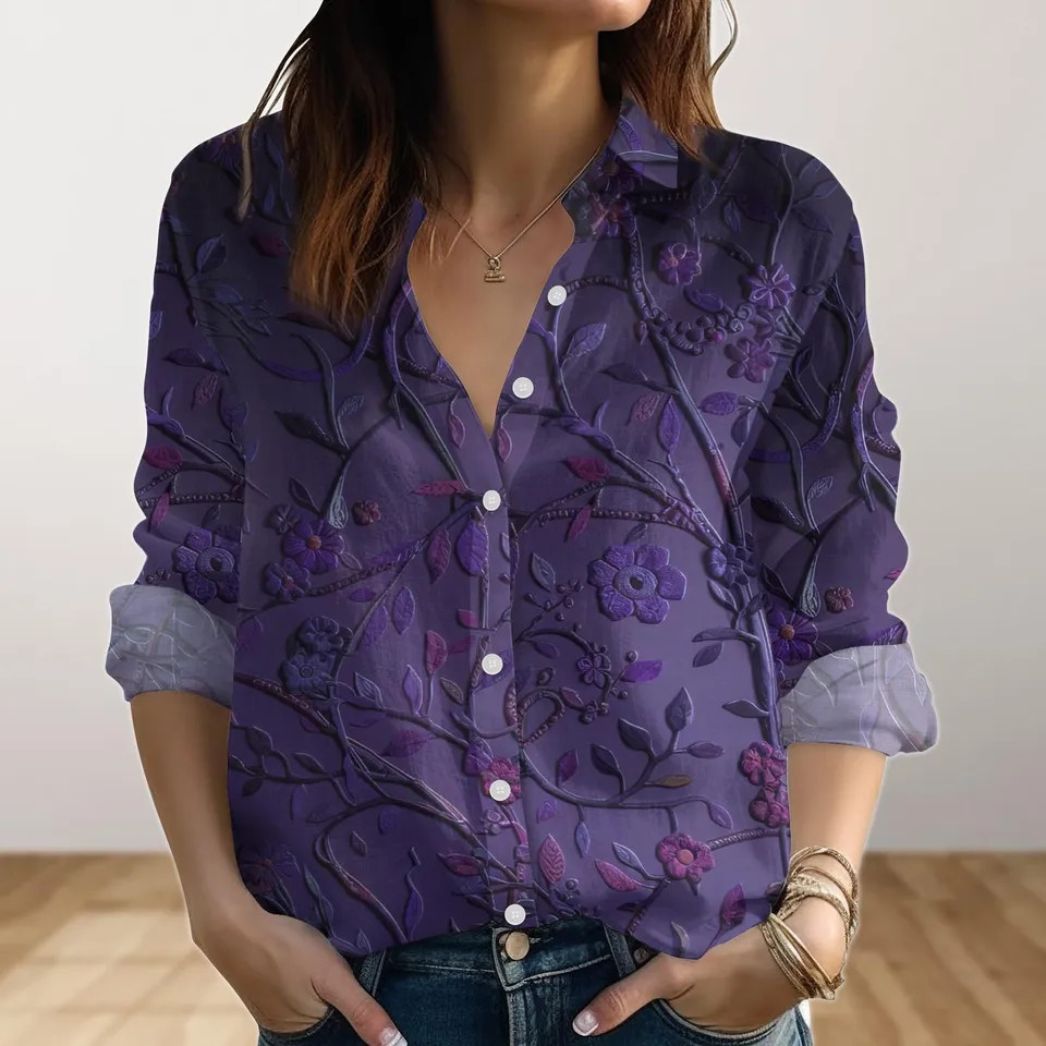 Elegant Purple Boho Floral Shirt Spring Botanical Gift For Mother
