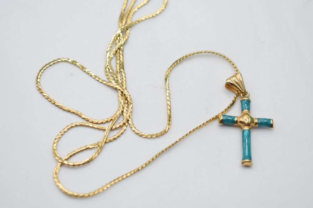 Vintage Monet Necklace – Gold Tone Chain & Turquoise Enamel Cross Pendant Signed