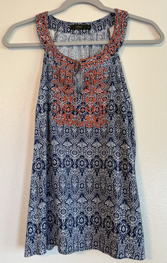 THML Blue Orange White Embroidered Geometric Sleeveless Pullover Blouse Size M