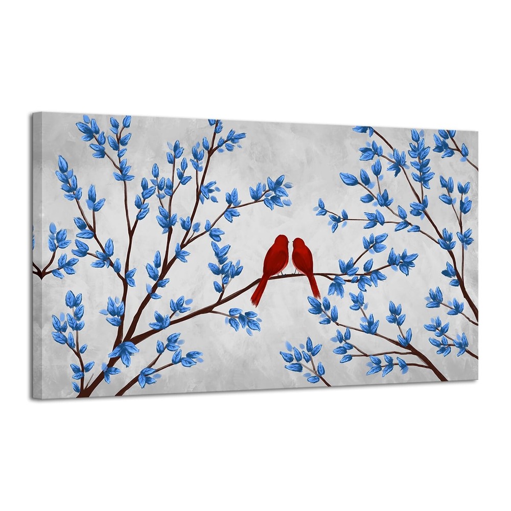 iHAPPYWALL Blue Trees Red Birds Canvas Wall Art Romantic Love Abstract Forest...-image