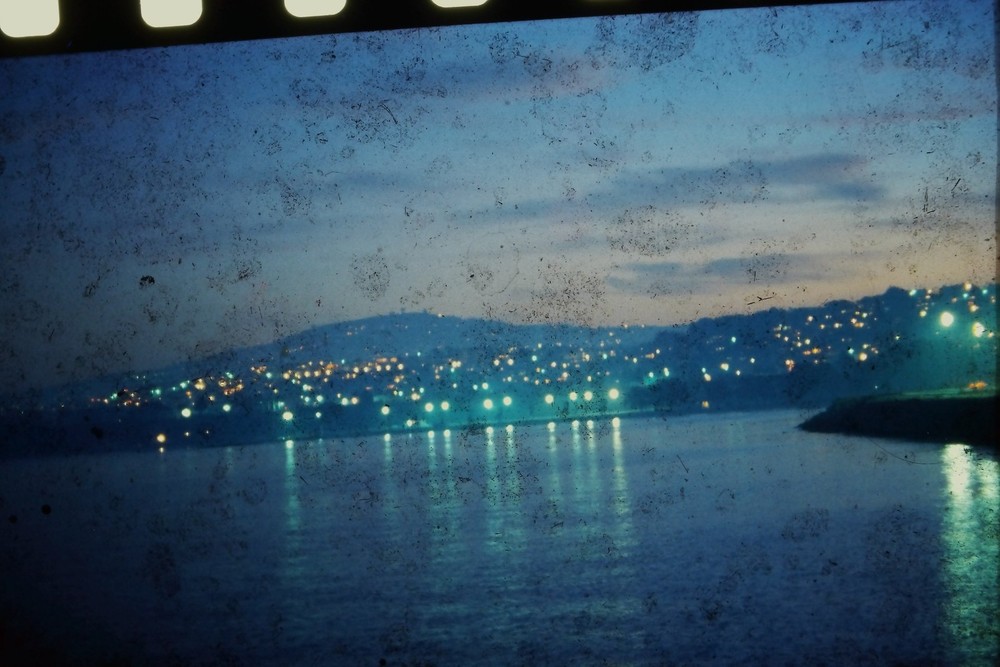 c1960's 35mm Slide Film, Distant City Lights on Water Night Hillside Peninsula
