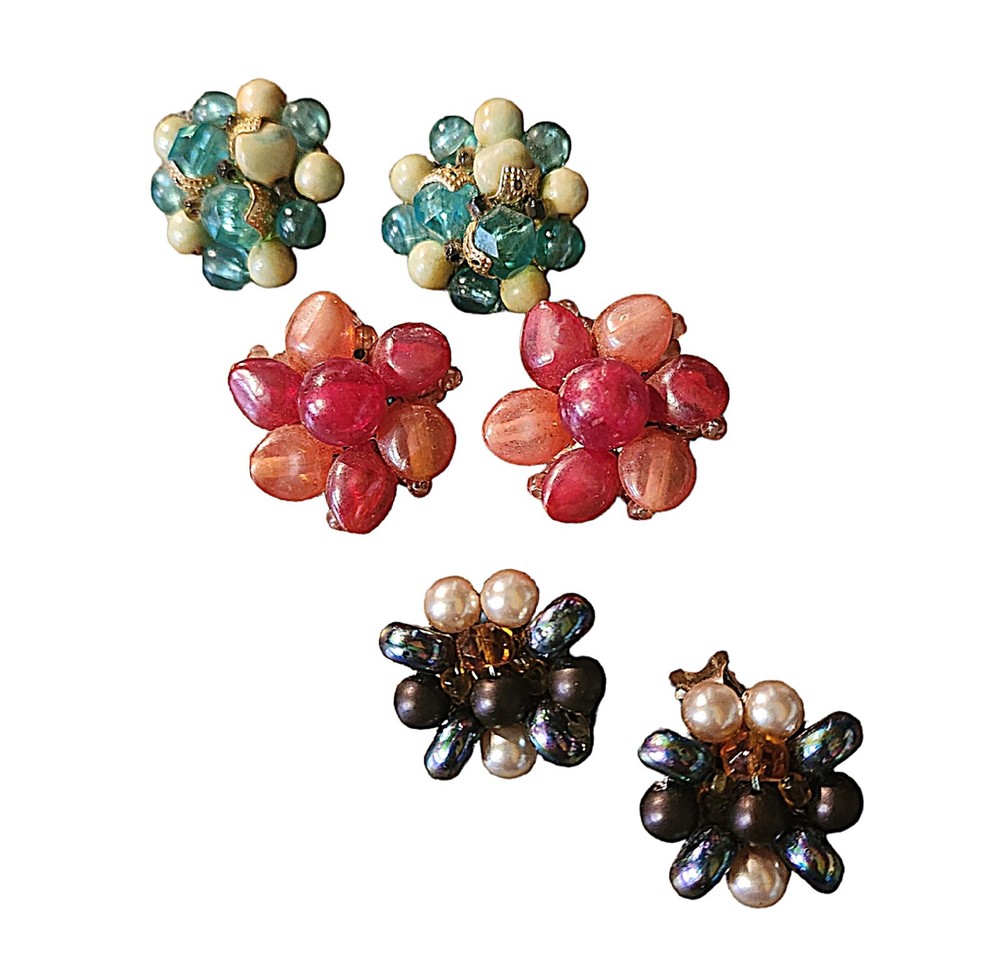 3 Pairs Cluster Clip On Earrings Hong Kong Japan Vintage