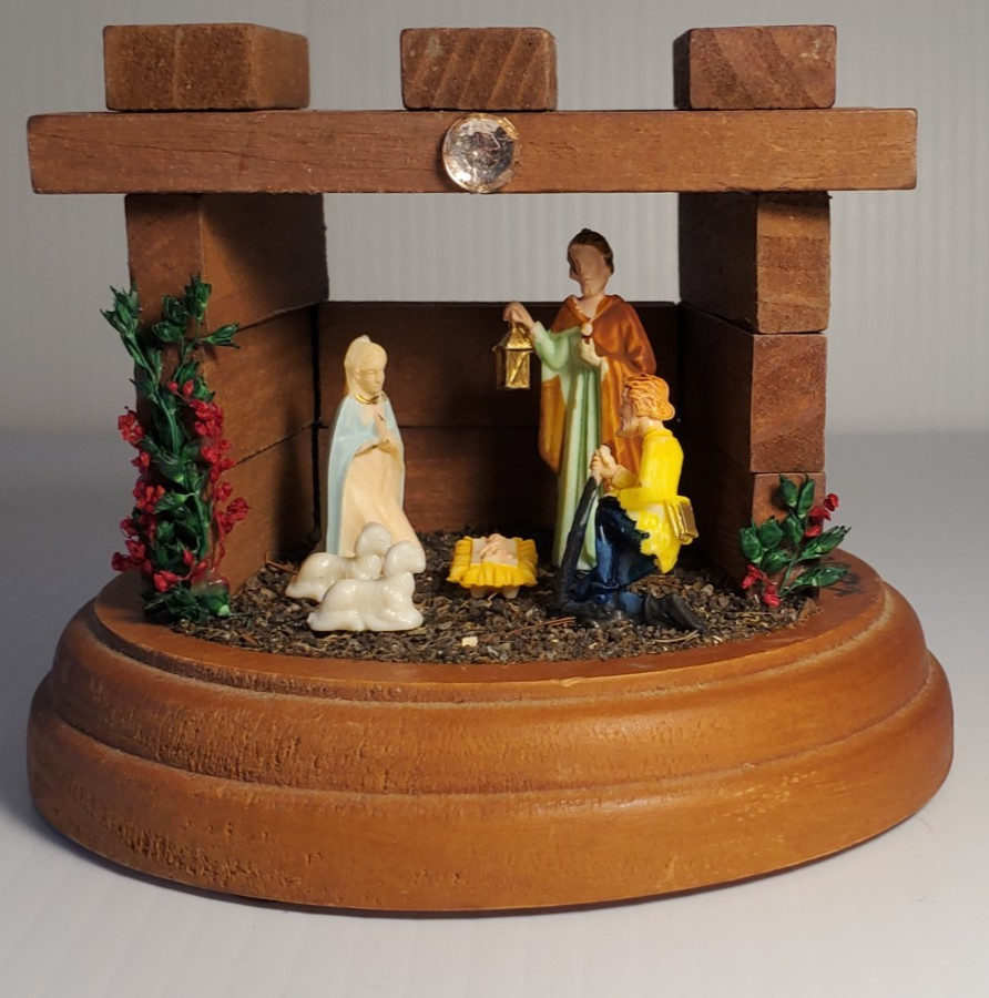 Vtg Nativity Scene with Holy Family Shepherds Sheep Wood Wooden Manger Stable