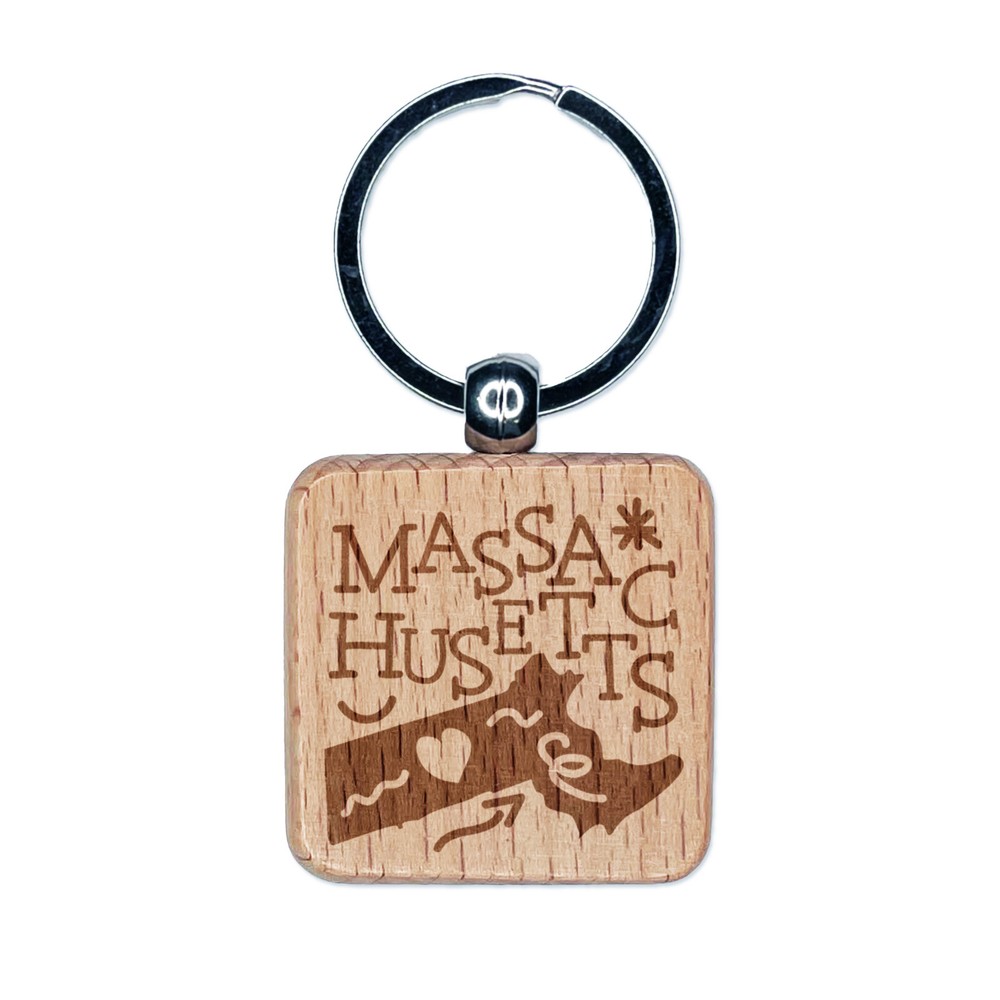 Massachusetts State Engraved Wood Keychain with Swirl Text Design