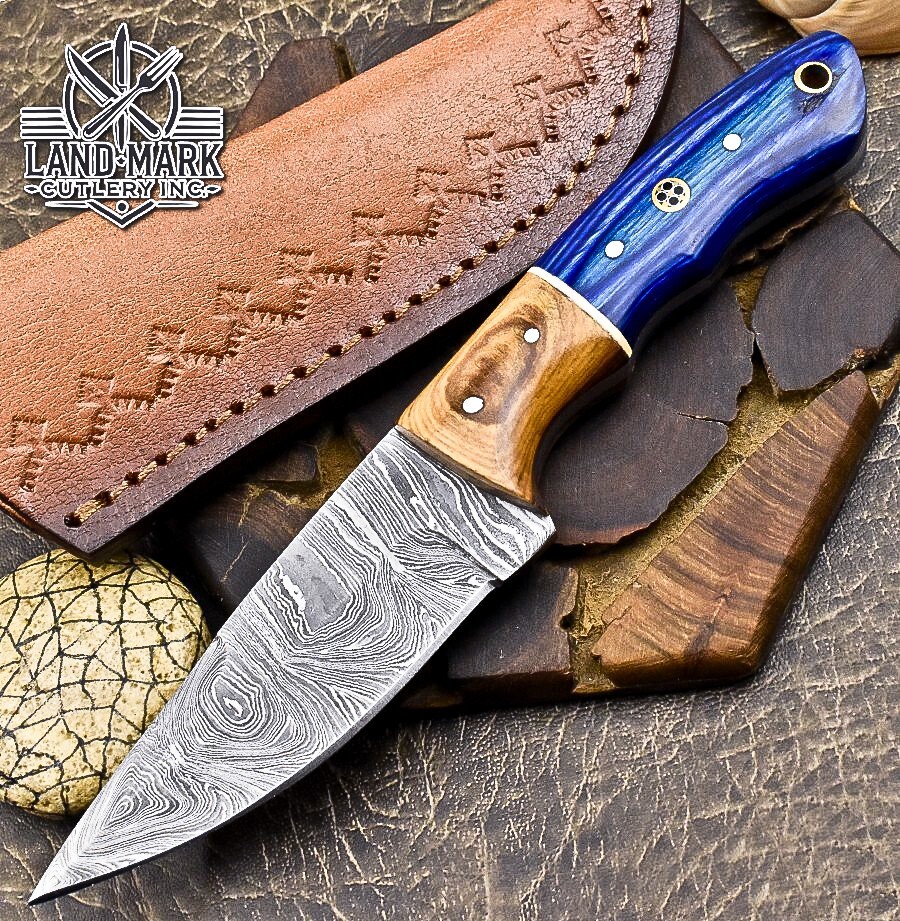BEAUTIFUL DAMASCUS HUNTING SKINNER KNIFE WITH PAKKA & WOOD BOLSTER WOOD HANDLE
