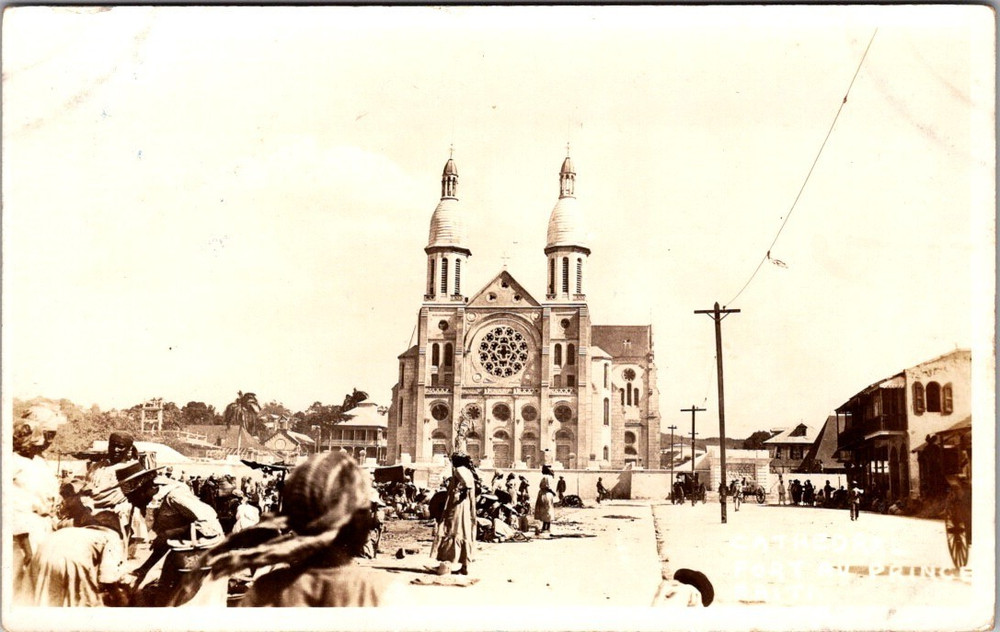 RPPC Port-au-Prince Cathedral Haiti Pre-Earthquake Street Scene Locals Postcard