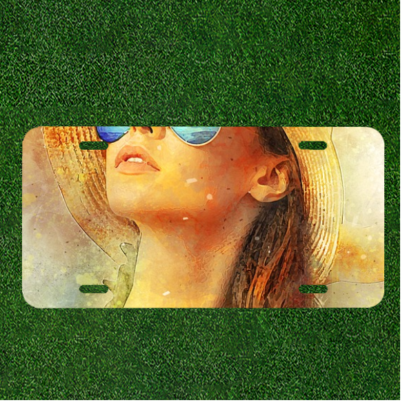 Custom Personalized License Plate Auto Tag With Women With Hat And Sunglasses