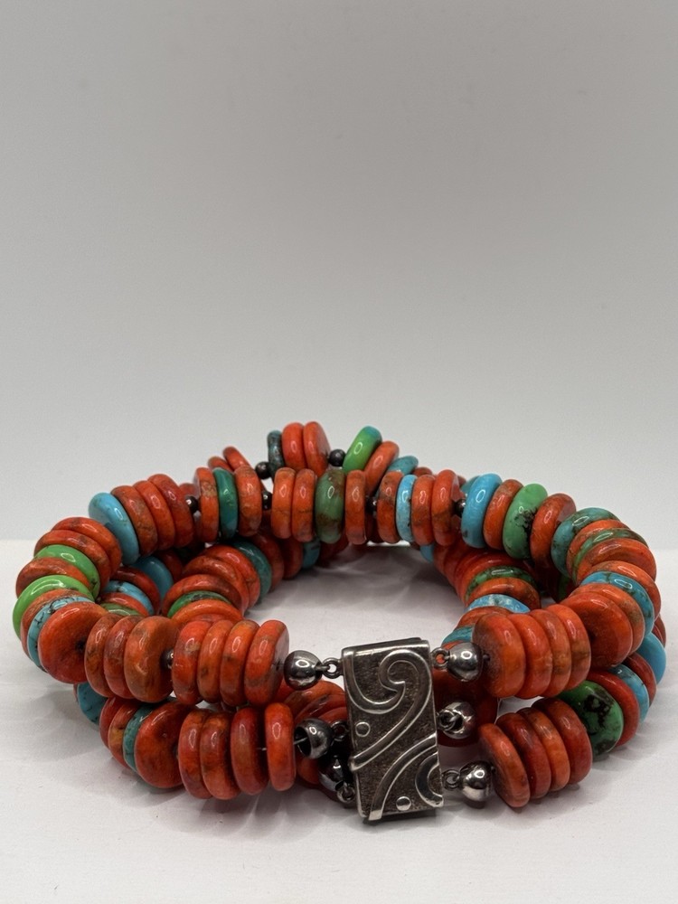 Jay King Coral & Turquoise Bracelet Sterling Silver Mine Finds 8.5