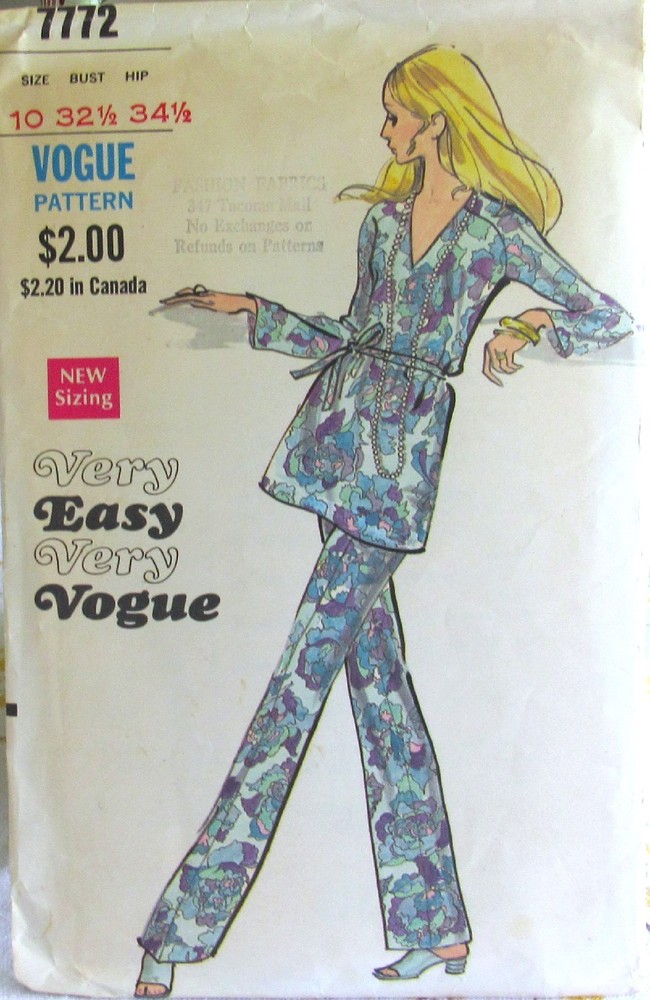 Vintage 70s VERY EASY VOGUE 7772 Womens 10 Retro TUNIC & PANTS Pantsuit Pattern