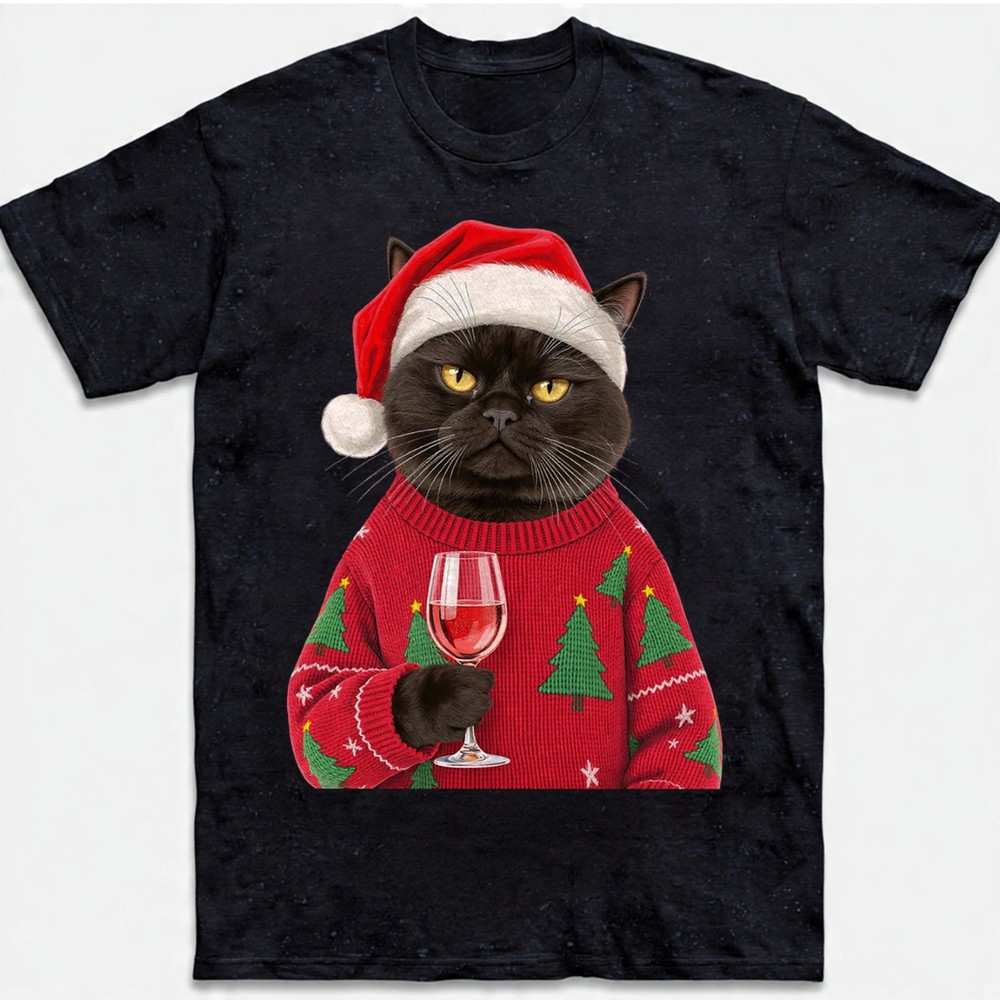 Funny Cat Christmas T-Shirt Santa Hat Wine Ugly Sweater Holiday Gift Sweatshirt