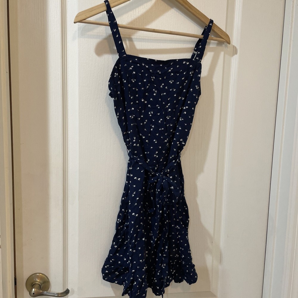 Hollister one piece Dress Navy with floral pattern size S with Waist tie